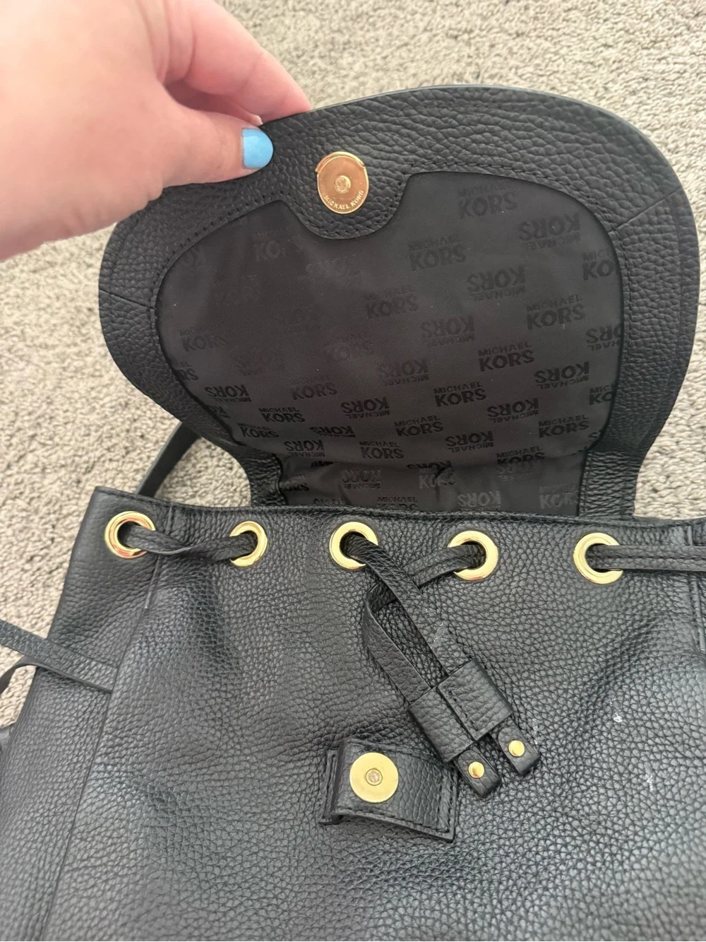 Michael Kors Black Pebbled Leather Drawstring Backpack with Gold Hardware